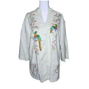 Vintage 60s Mexican Smock Top Tunic Shirt Womens Size L Green Embroidered Parrot